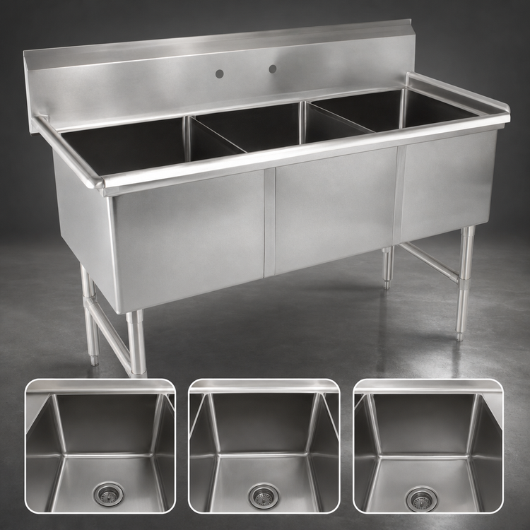 Product image #3 for John Boos B-Series 3-Compartment Floor Model Stainless Steel Sink, 59-1/8 x 29-1/2 x 44 Inches, 18 x 24 x 14 Inches Bowls, 10-Inch Backsplash, 1 Set Faucet Holes