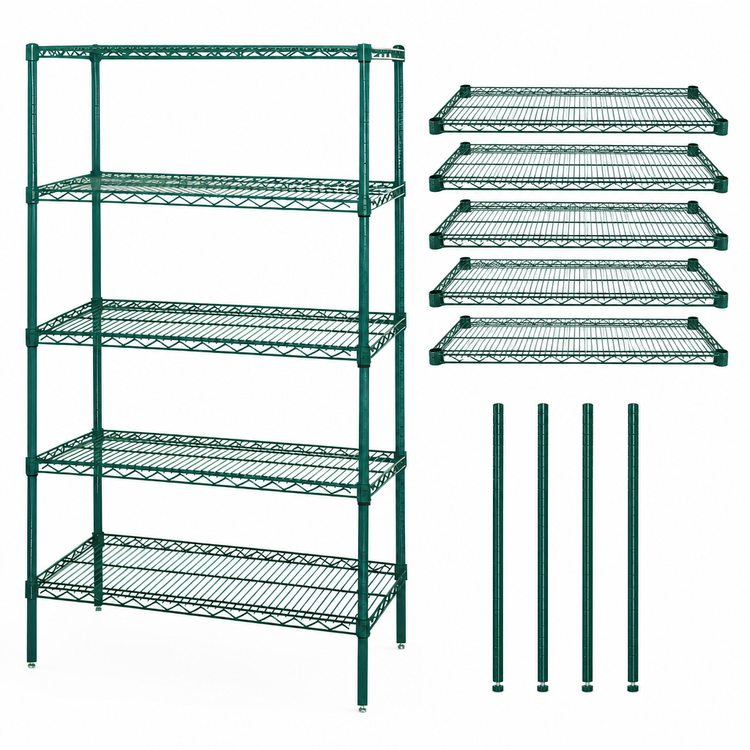 Product image #3 for Quantum Stationary Wire Shelving Starter Kit, 60"W x 30"D x 74"H, 5-Shelf, Green Epoxy Finish