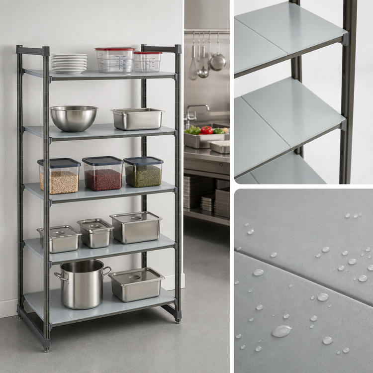 Product image #3 for Cambro Camshelving Basics Plus 5-Tier Solid Stationary Polymer Shelving Starter Unit, 18"D x 54"W x 84"H, Brushed Graphite