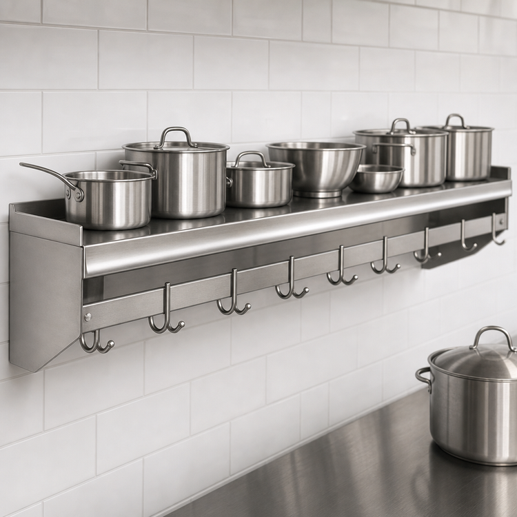 Product image #3 for Eagle Group Commercial Wall-Mounted Stainless Steel Pot Rack Wall Shelf, 144 x 18 Inches, with 12 Removable Hooks