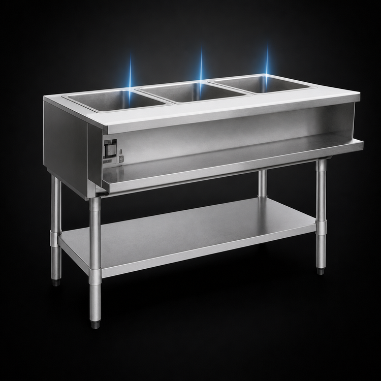Product image #3 for Eagle Group 3-Pan Liquid Propane Water Bath Hot Food Table with Open Base and Cutting Board, 48 x 30-1/2 Inches