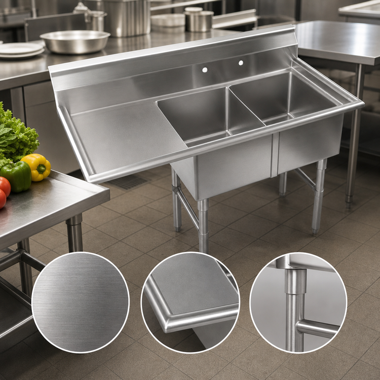 Product image #3 for Klinger's Trading Economy 2-Compartment Stainless Steel Sink with Left Drainboard, 52.5 x 25.5 x 41 Inches