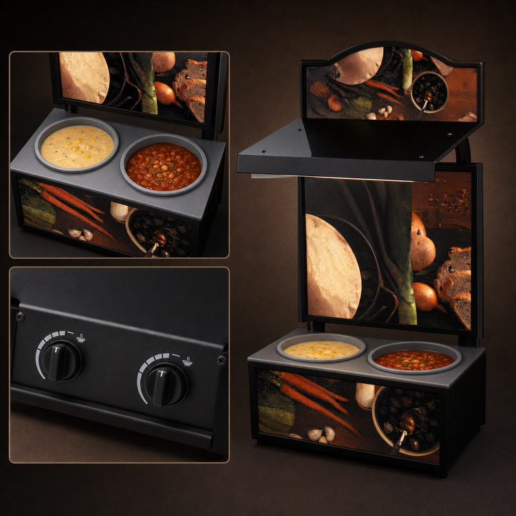 Product image #3 for Vollrath Cayenne Twin Well Soup Merchandiser with Menu Board, Lighted Canopy, and Tuscan Graphics