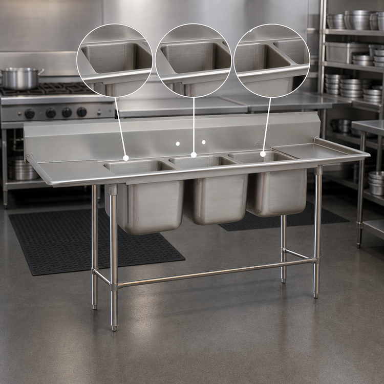 Product image #3 for Advance Tabco Regaline Three-Compartment Sink with Left and Right Drainboards, 16 x 20 Bowls, 14-Gauge 304 Stainless Steel