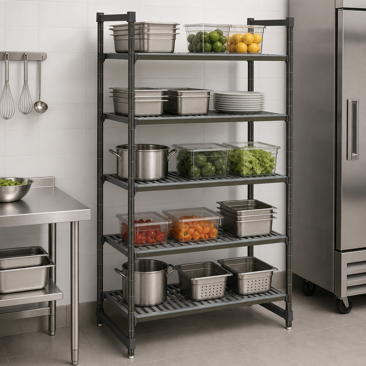 Product image #3 for Cambro Camshelving Basics Plus 5-Tier Stationary Starter Unit, 21 x 54 x 64 Inches, Vented Shelving, Brushed Graphite