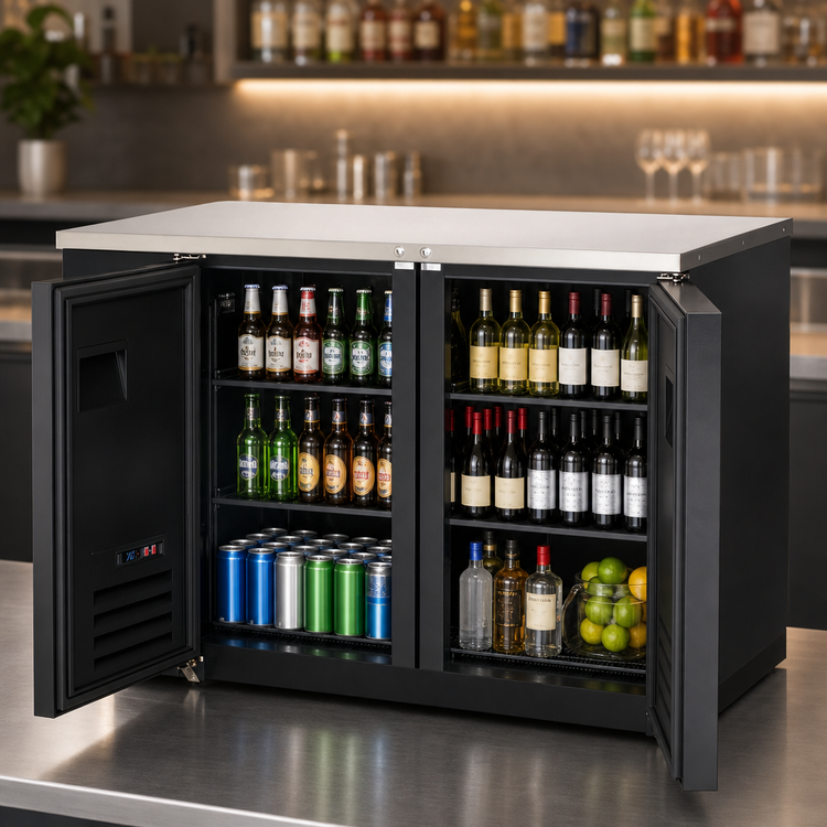Product image #3 for Everest Refrigeration EBB59 Two-Section Back Bar Refrigerator, 57-3/4-Inch Wide, 20 Cu. Ft., Stainless Steel Countertop, Black Vinyl Exterior