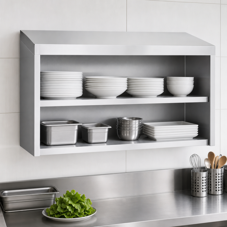 Product image #3 for Wall-Mounted Open Front Stainless Steel Storage Cabinet with Intermediate Shelf, 72 x 15 Inches