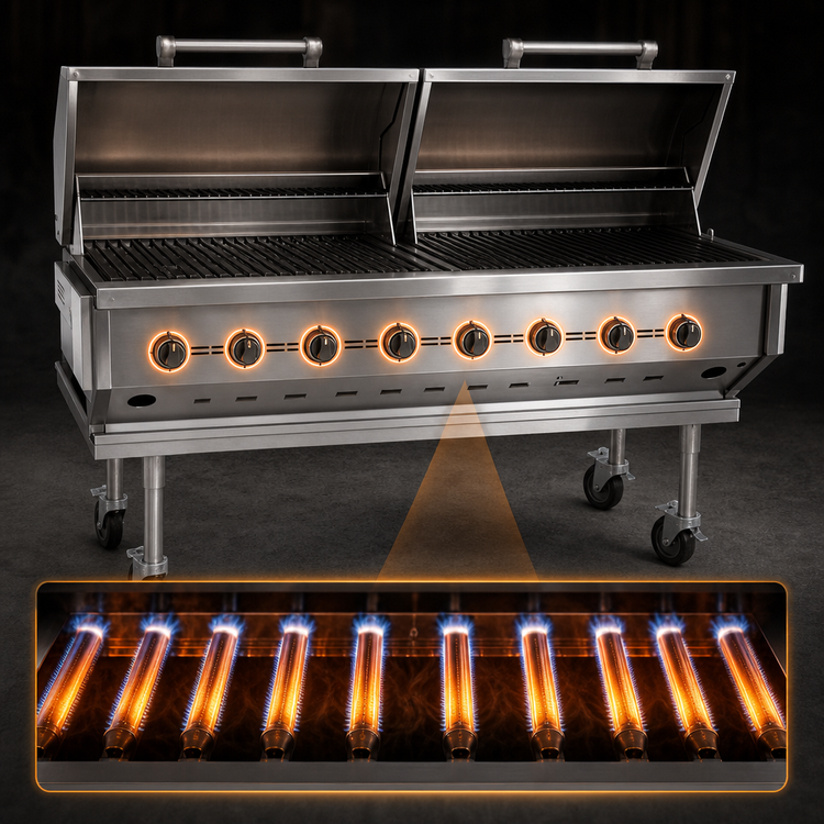 Product image #3 for Magicater 60-Inch Natural Gas Transportable Charbroiler with 8 Burners, Roll-Top Hoods and Casters
