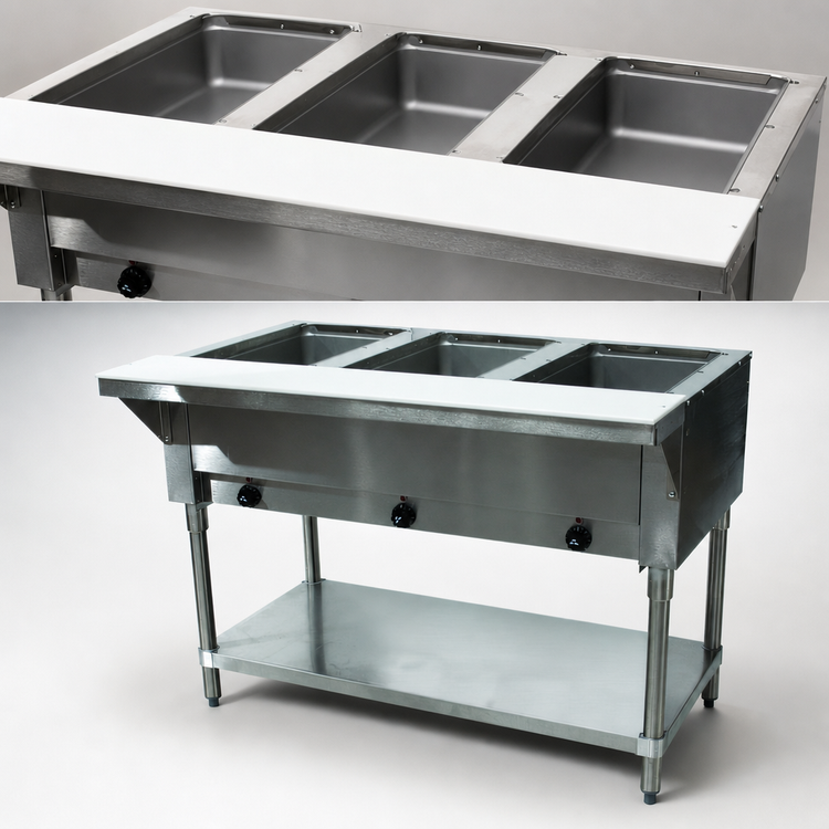 Product image #3 for Advance Tabco Triumph Supreme Electric 3-Well Sealed Well Hot Food Table with Cutting Board and Open Base