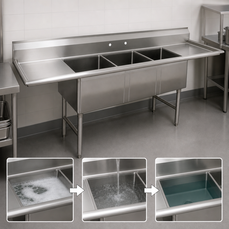 Product image #3 for Advance Tabco Special Value Series 3-Compartment Fabricated Sink with Left and Right Drainboards, 102-Inch Overall