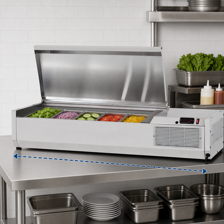 Product image #4 for Turbo Air E-Line 47-1/4 Inch Countertop Refrigerated Salad Table, Side-Mounted Self-Contained, 8-Pan Capacity