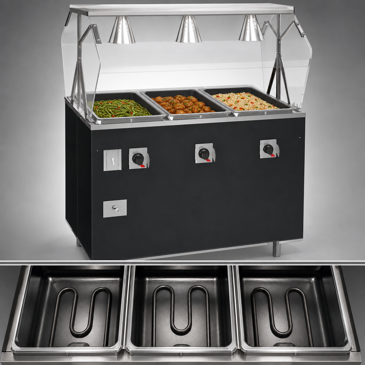 Product image #3 for Vollrath 2-Series Affordable Portable Deluxe 3-Well Mobile Hot Food Station with Breath Guard and Lights