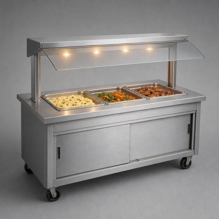 Product image #3 for Vollrath 2-Series Affordable Portable 3-Well Hot Food Station with Buffet Breath Guard, Lights, and Sliding Door Storage, Brushed Aluminum