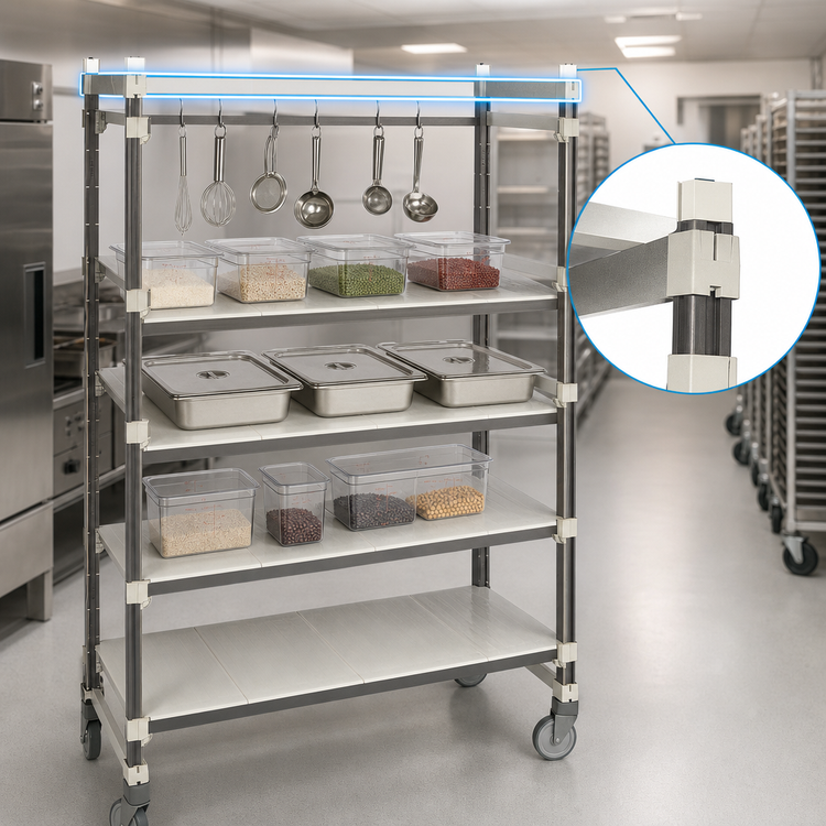 Product image #3 for Cambro Camshelving Elements XTRA High Density Overhead Track Mobile Starter Unit, 5-Tier, 18 x 36 x 80 Inches, Speckled Gray