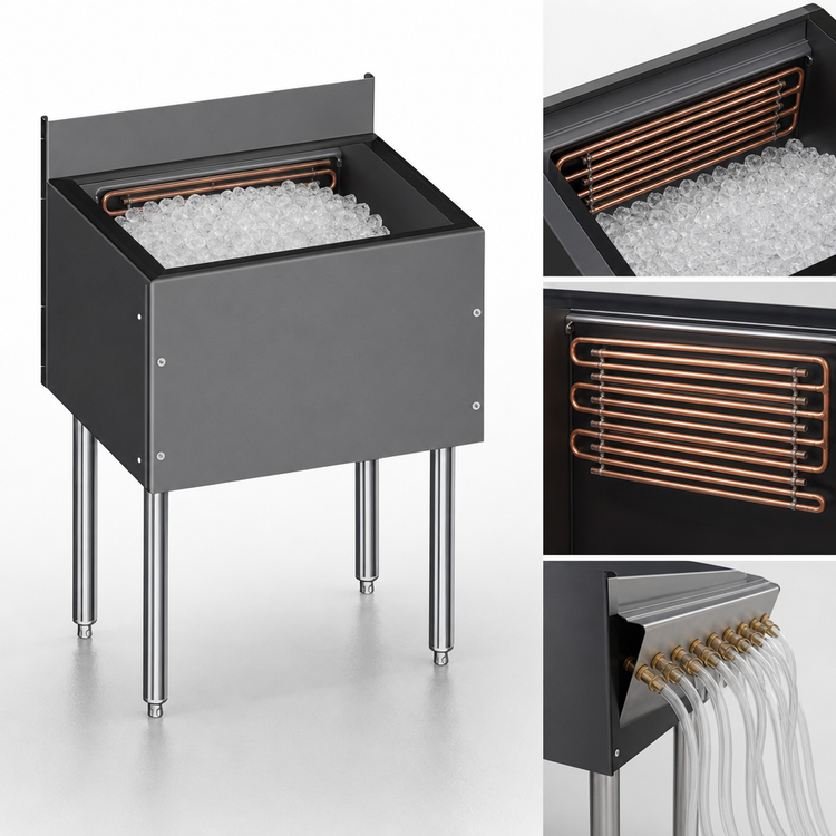 Product image #3 for CHOICE 24-Inch x 24-Inch Underbar Ice Bin with Built-In 10-Circuit Cold Plate, 85 lb Capacity
