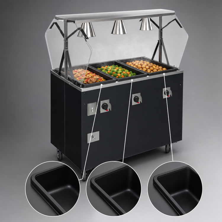 Product image #3 for Vollrath 2-Series Affordable Portable Deluxe 3-Well Mobile Hot Food Station with Buffet Style Breath Guard