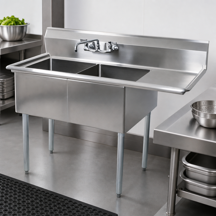 Product image #3 for BK Resources Two Compartment Stainless Steel Sink with Right Drainboard and 18" x 18" x 12" Bowls