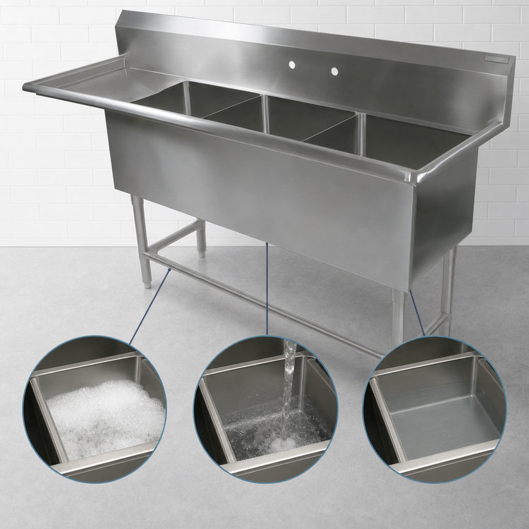 Product image #3 for John Boos Pro-Bowl 3-Compartment Sink with Left Drainboard, 30" x 24" x 14" Bowls