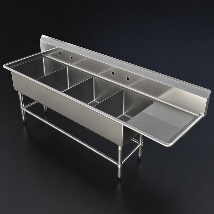 Product image #3 for John Boos Pro-Bowl 4-Compartment Sink with Right Drainboard, 24" x 24" Bowls, 14-Gauge Stainless Steel