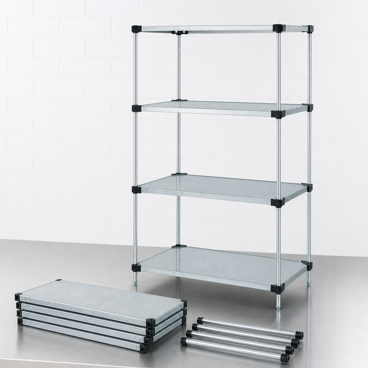 Product image #3 for Quantum Stationary Solid Shelving Starter Kit, 36"W x 18"D x 54"H, 4 Shelves, Galvanized Steel with Chrome Posts