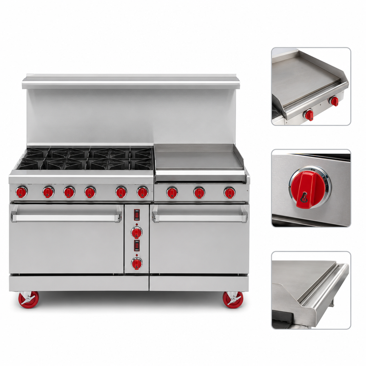 Product image #3 for American Range 60-Inch Green Flame Gas Range with 24-Inch Manual Griddle, 6 Open Burners, Convection Oven Left, and Space Saver Oven Right