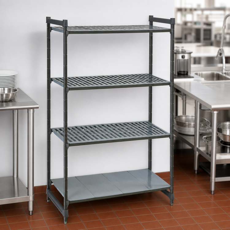 Product image #3 for Cambro Camshelving Basics Plus 4-Tier Stationary Starter Unit, 18-inch Deep x 36-inch Wide x 84-inch High, Vented and Solid Polypropylene Shelves, Brushed Graphite