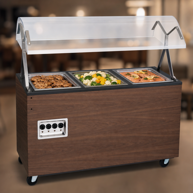 Product image #3 for Vollrath 2-Series Affordable Portable 3-Well Mobile Hot Food Station with Buffet Breath Guard and Enclosed Base, Walnut Woodgrain, 208-240V