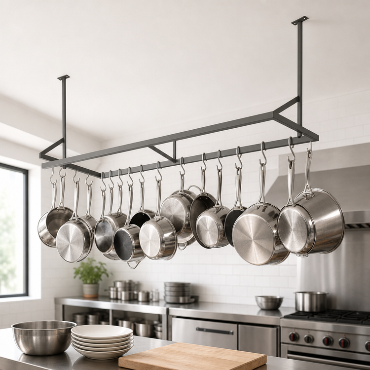Product image #3 for John Boos 79-1/4-Inch Ceiling-Mounted Double-Bar Stainless Steel Pot Rack with 14 Double Hooks