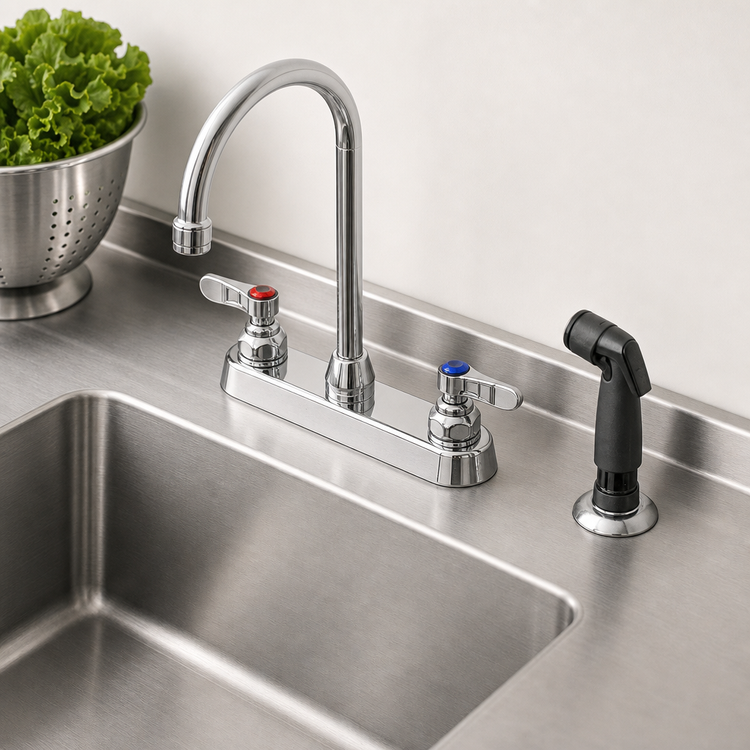 Product image #3 for T&S Brass 8-Inch Centers Deck-Mount Workboard Faucet with 5-3/4-Inch Swivel Gooseneck and 7-Foot Side Spray Hose