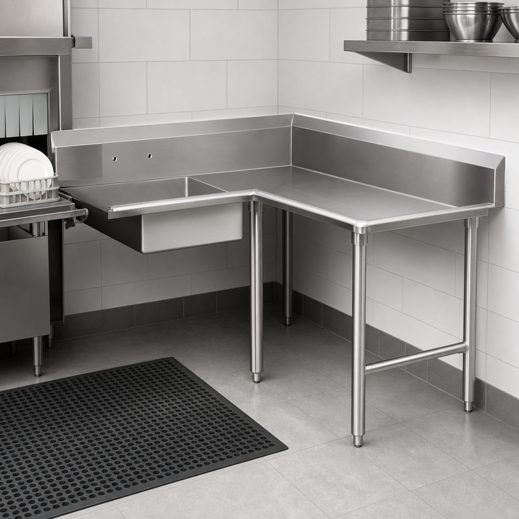 Product image #3 for John Boos Pro-Bowl Corner Soiled Dishtable, L-Shaped, 60-Inch Machine Side x 96-Inch End, Right-to-Left, 14-Gauge 304 Stainless Steel
