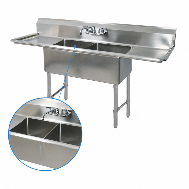 Product image #3 for BK Resources Two-Compartment Stainless Steel Drainboard Sink with 10-Inch Backsplash