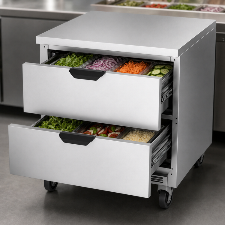 Product image #3 for Beverage Air 32-Inch One-Section Two-Drawer Worktop Refrigerator, 7.2 Cu. Ft., Flat Top, Rear-Mounted Self-Contained R290