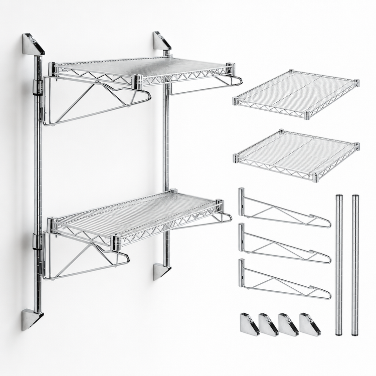 Product image #3 for Quantum Cantilever Double Shelf Wall-Mount Wire Shelving Unit, 48" x 18", Chrome Plated