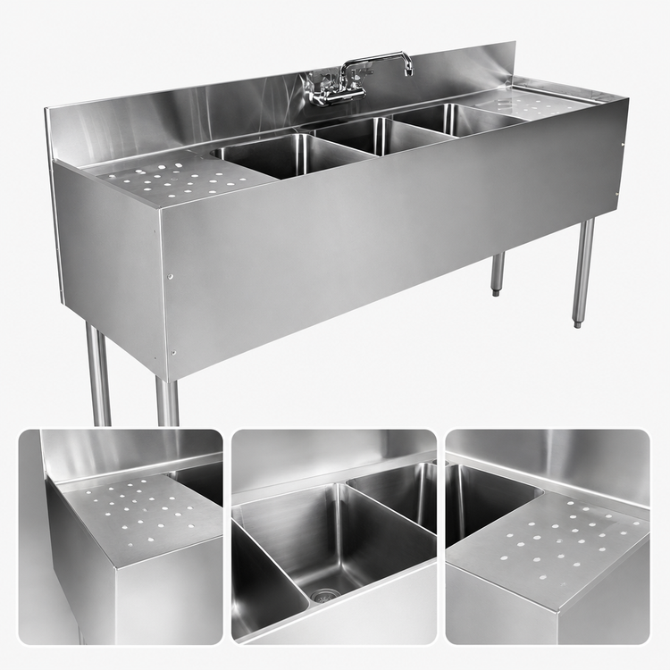 Product image #3 for CHOICE by Glastender C-TSB-96 Three-Compartment Underbar Sink Unit with Left and Right Drainboards, 96" W x 24" D