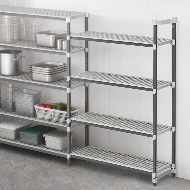 Product image #3 for Cambro Camshelving Elements XTRA 21-Inch Deep x 42-Inch Wide x 64-Inch High 4-Tier Vented Stationary Add-On Shelving Unit, Speckled Gray