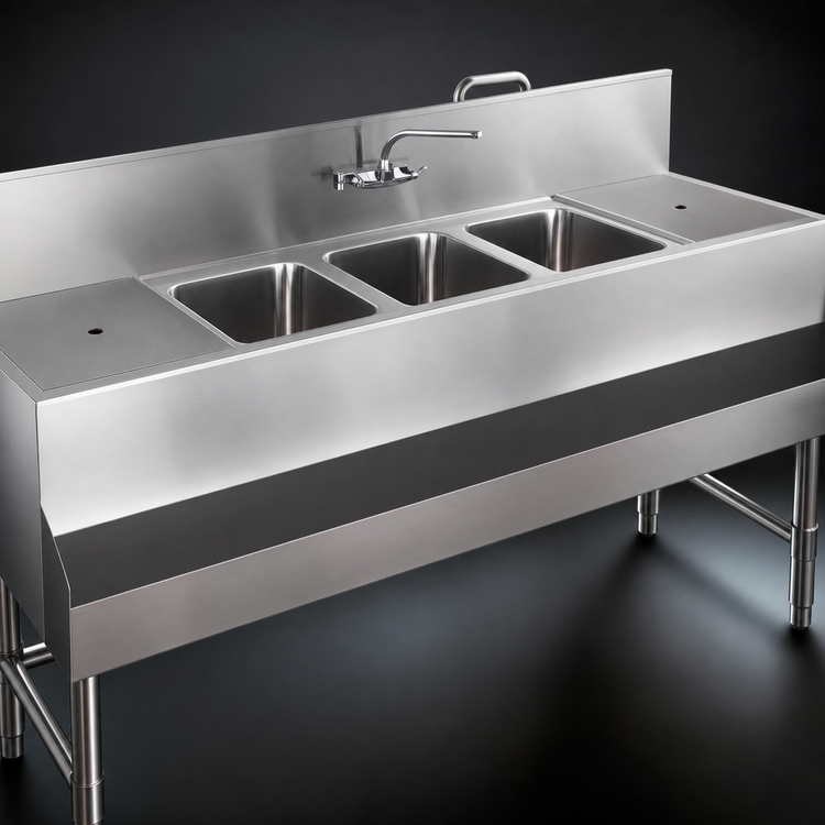 Product image #3 for Eagle Group Spec-Bar Three-Compartment Underbar Sink Unit with Dual Drainboards, 96"W x 24"D x 37"H
