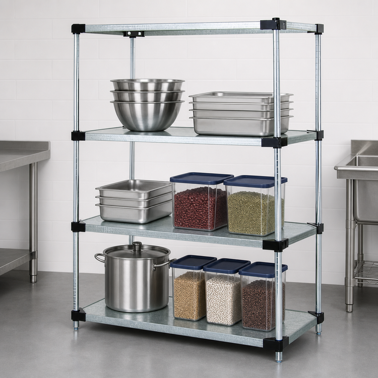 Product image #3 for Quantum Stationary Solid Shelving Starter Kit, 36"W x 14"D x 63"H, Galvanized Steel Shelves, Chrome Posts
