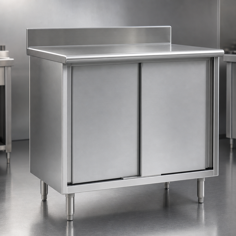 Product image #3 for Spec-Master Enclosed Work Table with Sliding Doors, 120-Inch W x 24-Inch D, Stainless Steel Top, and 4-1/2-Inch Backsplash