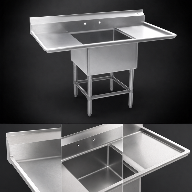 Product image #3 for Eagle Spec-Master 1-Compartment 14-Gauge 304 Stainless Steel Sink with Dual Drainboards, 74W x 31D