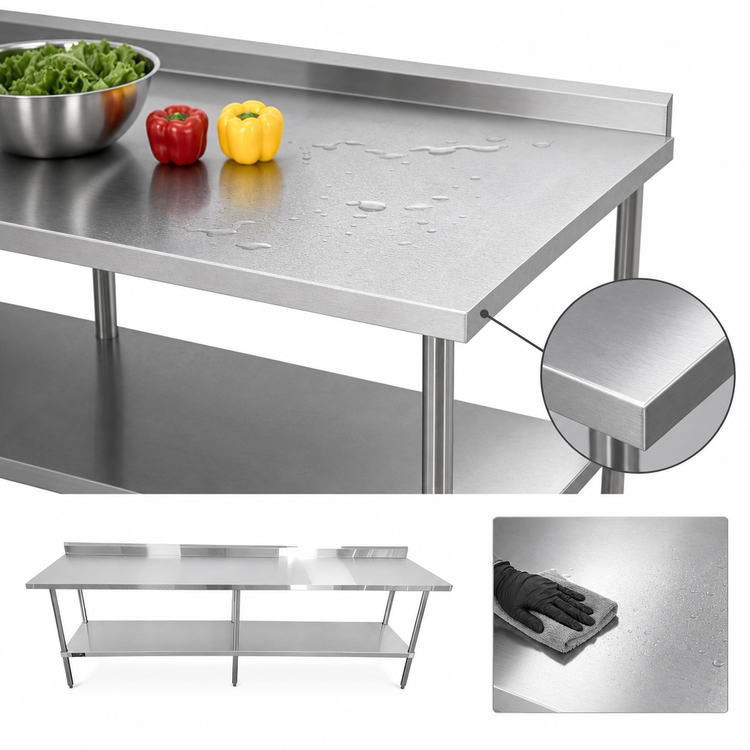 Product image #3 for Sapphire 108-Inch x 30-Inch 16-Gauge Stainless Steel Work Table with 5-Inch Backsplash, Beveled Square Edge, and Adjustable Undershelf