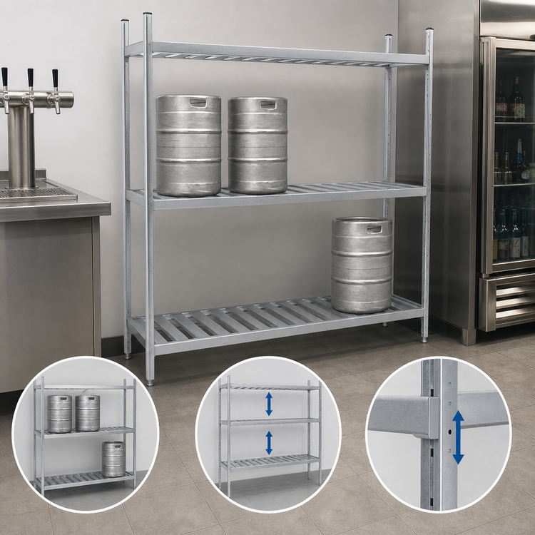 Product image #3 for Advance Tabco 3-Shelf Aluminum Keg Rack, 80-Inch Wide x 20-Inch Deep x 76-Inch High, 8-Keg Capacity