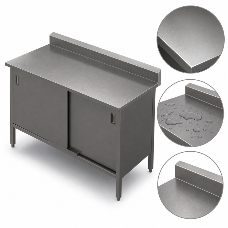 Product image #3 for John Boos 108 x 24 Inch Enclosed Work Table with Cabinet Base, Hinged Doors, 14-Gauge 300 Series Stainless Steel Top, 5 Inch Backsplash