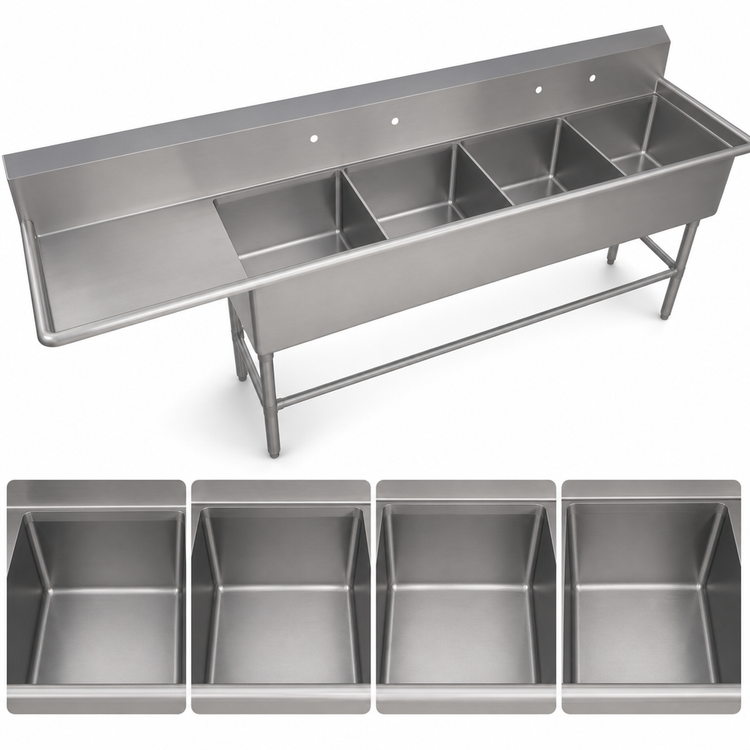 Product image #3 for John Boos Pro-Bowl 4-Compartment Sink with 24-Inch Left Drainboard, 124-3/16-Inch Wide, 14-Inch Deep Bowls