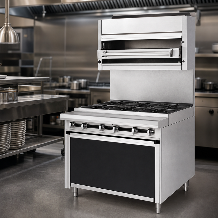 Product image #3 for Titan JTRHE-6-6 Heavy Duty 72-Inch Gas Cabinet Base Step-Up Range with 12 Open Burners
