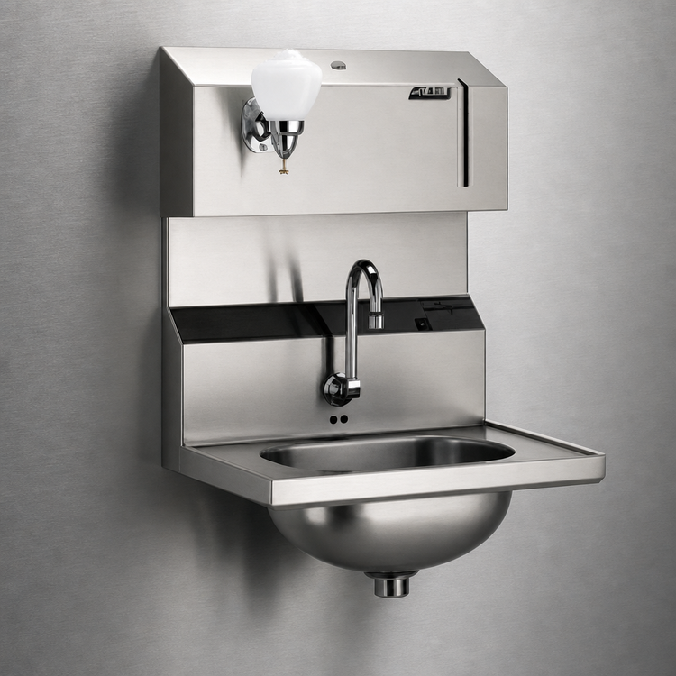 Product image #3 for Eagle Group Wall-Mount Hand Sink with 13-1/2" x 9-3/4" x 6-3/4" Bowl, Electronic Eye Gooseneck Spout, Soap & Towel Dispensers