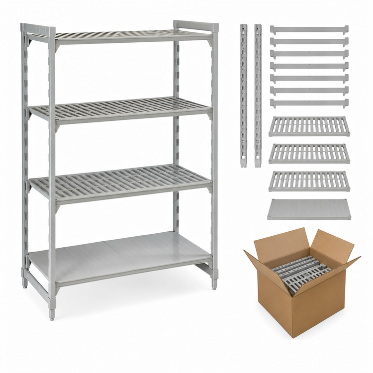 Product image #4 for Cambro Camshelving Premium 4-Tier Stationary Starter Shelving Unit, 18 x 36 x 64 Inches, 3 Vented and 1 Solid Shelf Plates, Speckled Gray