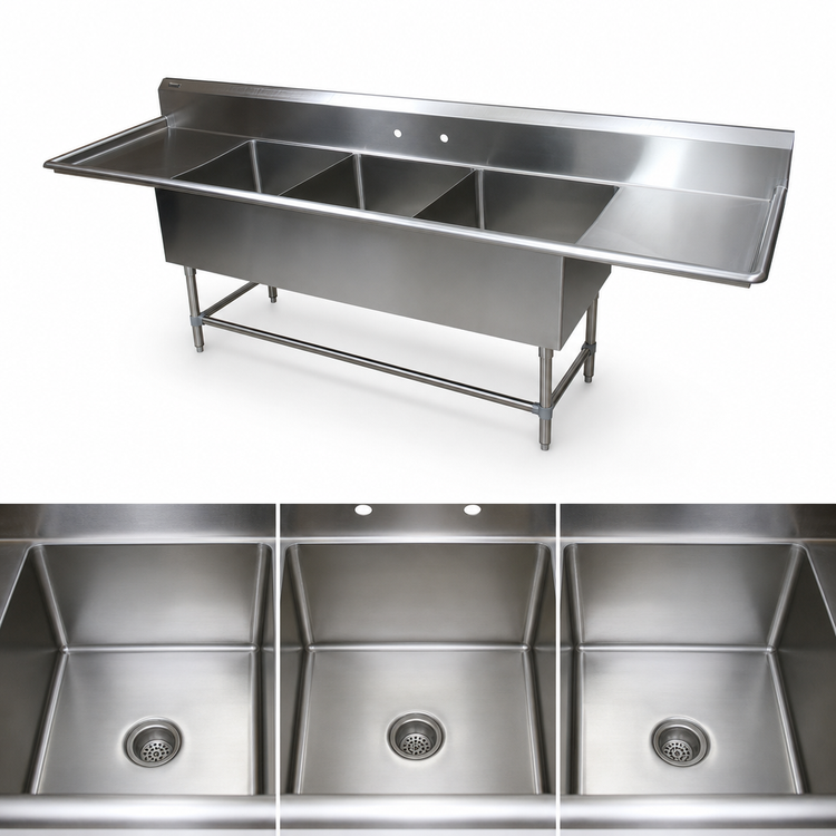 Product image #3 for John Boos Pro-Bowl 3-Compartment Sink with Dual 18" Drainboards, 20" x 20" x 12" Bowls, 14-Gauge Stainless Steel