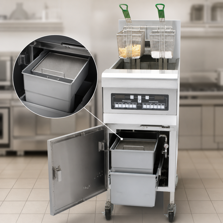 Product image #3 for RE High Efficiency Electric Floor Fryer with Built-In Filtration, 50 lb Oil Capacity