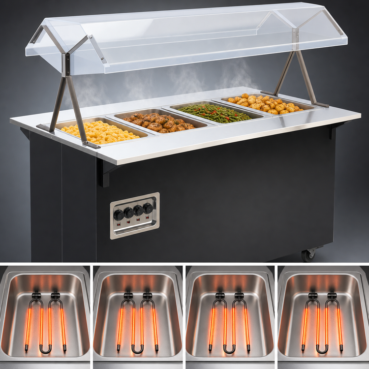 Product image #3 for Vollrath 2-Series Affordable Portable 4-Well Mobile Hot Food Station with Buffet Breath Guard, Lights, and Enclosed Storage Base
