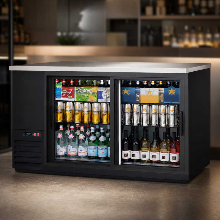 Product image #3 for Everest Refrigeration 68-Inch Two-Section Back Bar Refrigerator with Glass Sliding Doors, Stainless Steel Countertop, and Side-Mounted Self-Contained R290 Refrigeration